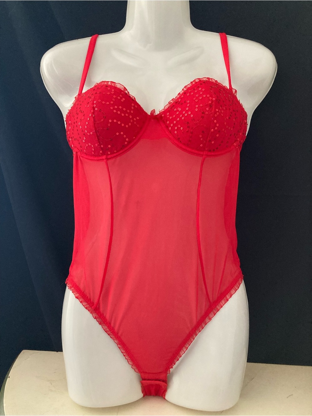 Philippe Matignon Red Mesh Sequin Teddy Bodysuit Lingerie Small Size